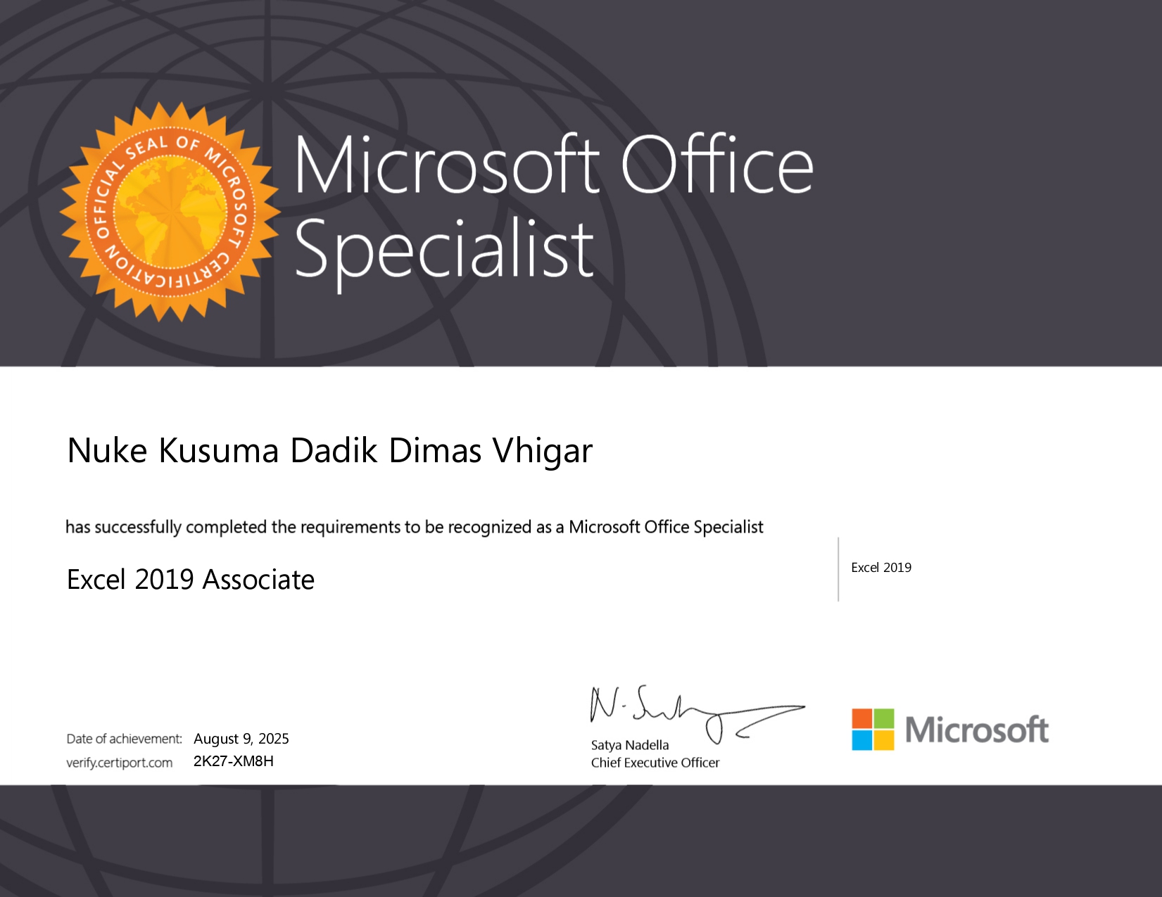 MOS Excel Certificate